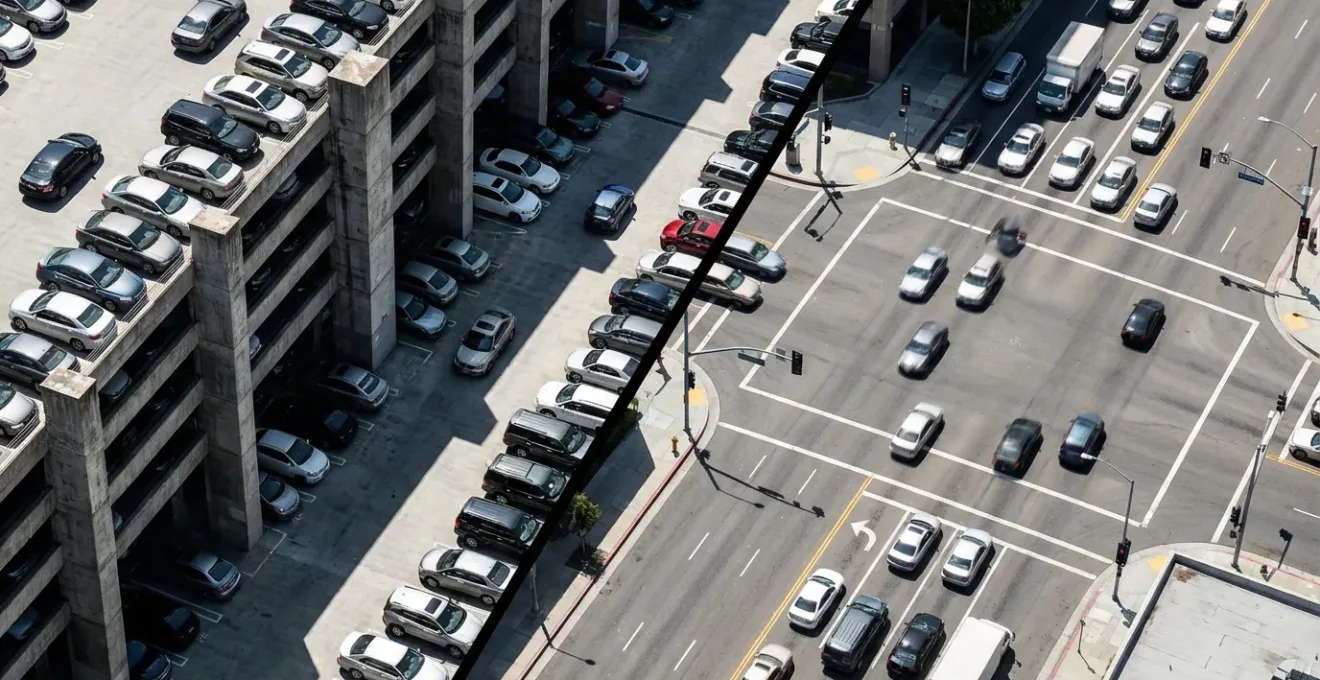 Vue aérienne montrant la comparaison entre un parking bondé et une route urbaine avec des véhicules
