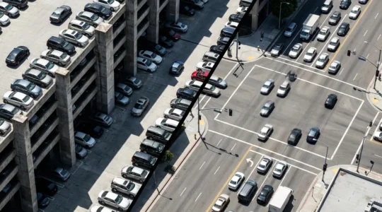 Vue aérienne montrant la comparaison entre un parking bondé et une route urbaine avec des véhicules