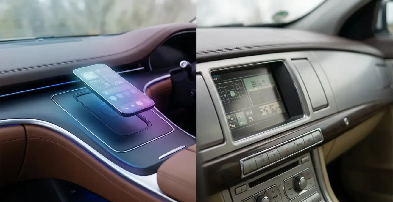 Comparaison visuelle entre un système multimédia moderne avec smartphone connecté et un GPS constructeur classique dans l'habitacle d'une voiture premium