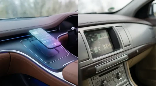 Comparaison visuelle entre un système multimédia moderne avec smartphone connecté et un GPS constructeur classique dans l'habitacle d'une voiture premium