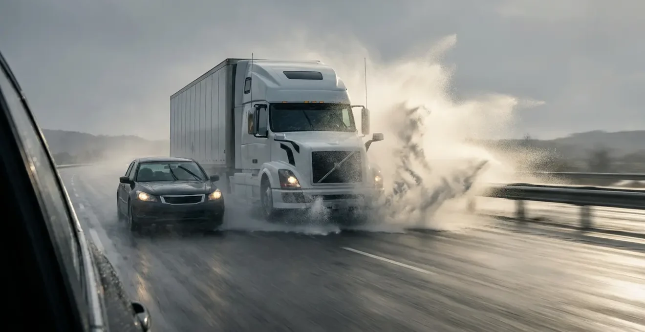 Vue latérale d'une voiture dépassant un camion sur autoroute, illustrant l'effet du vent latéral