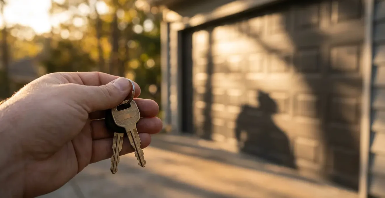 Main tenant des clés de voiture devant un garage fermé avec ombre de véhicule, symbolisant les économies potentielles sur l'assurance auto