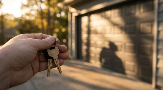 Main tenant des clés de voiture devant un garage fermé avec ombre de véhicule, symbolisant les économies potentielles sur l'assurance auto