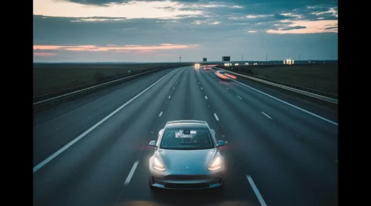 Voiture électrique moderne sur autoroute avec affichage d'autonomie au tableau de bord contrastant avec la réalité