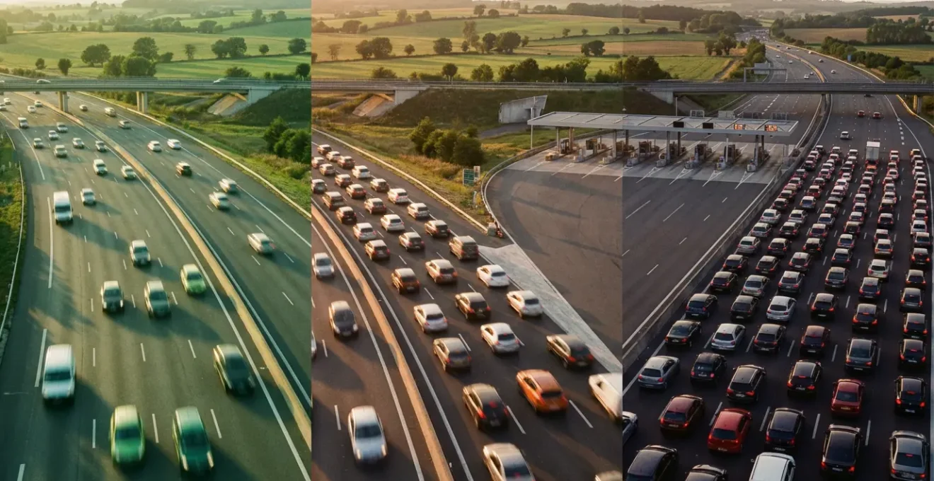 Vue aérienne d'une autoroute française saturée lors d'un départ en vacances avec différents niveaux de trafic