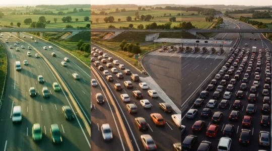 Vue aérienne d'une autoroute française saturée lors d'un départ en vacances avec différents niveaux de trafic
