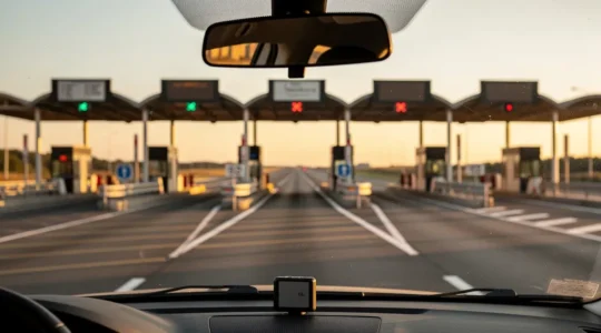 Badge de télépéage fixé sur un pare-brise de voiture approchant une barrière de péage autoroutière