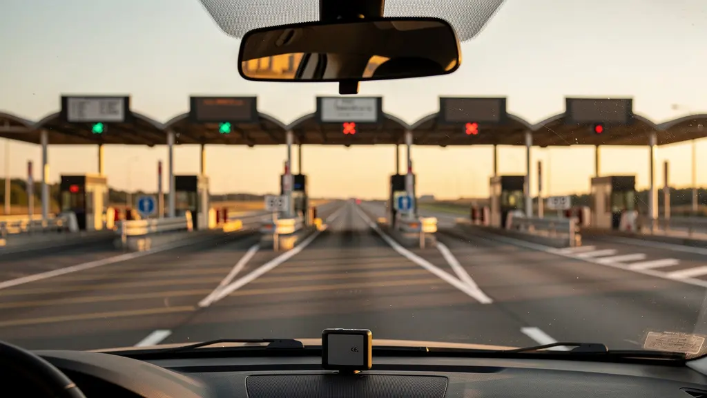 Badge de télépéage fixé sur un pare-brise de voiture approchant une barrière de péage autoroutière