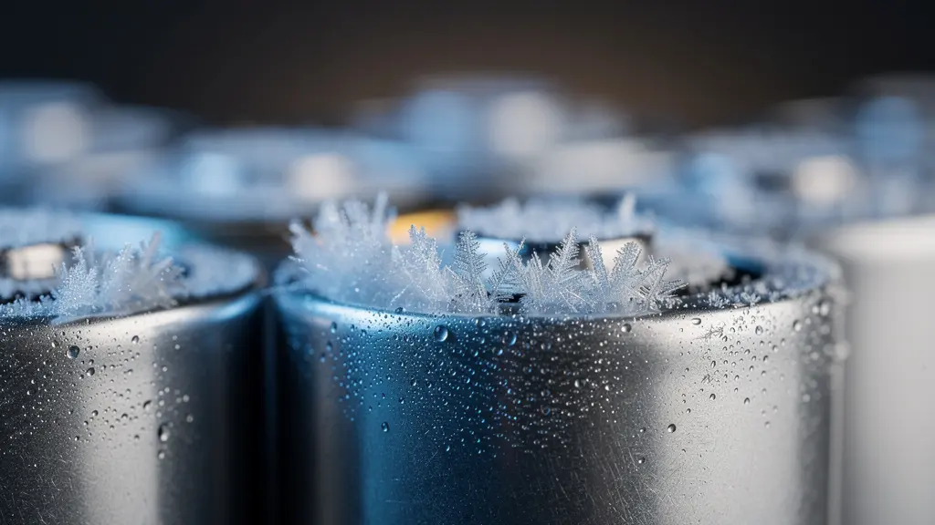 Vue macro d'une batterie de véhicule électrique avec cristaux de givre illustrant l'impact du froid sur les cellules
