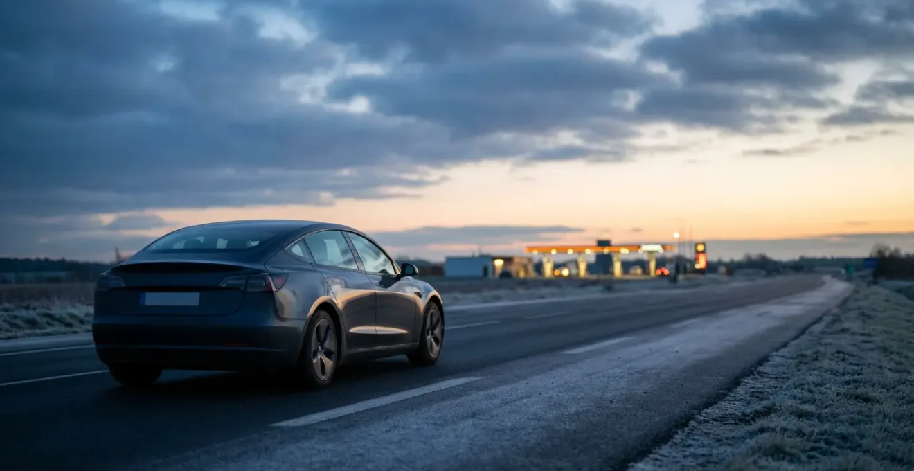 Berline électrique moderne sur autoroute française dans des conditions hivernales