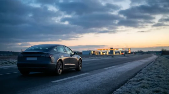 Berline électrique moderne sur autoroute française dans des conditions hivernales