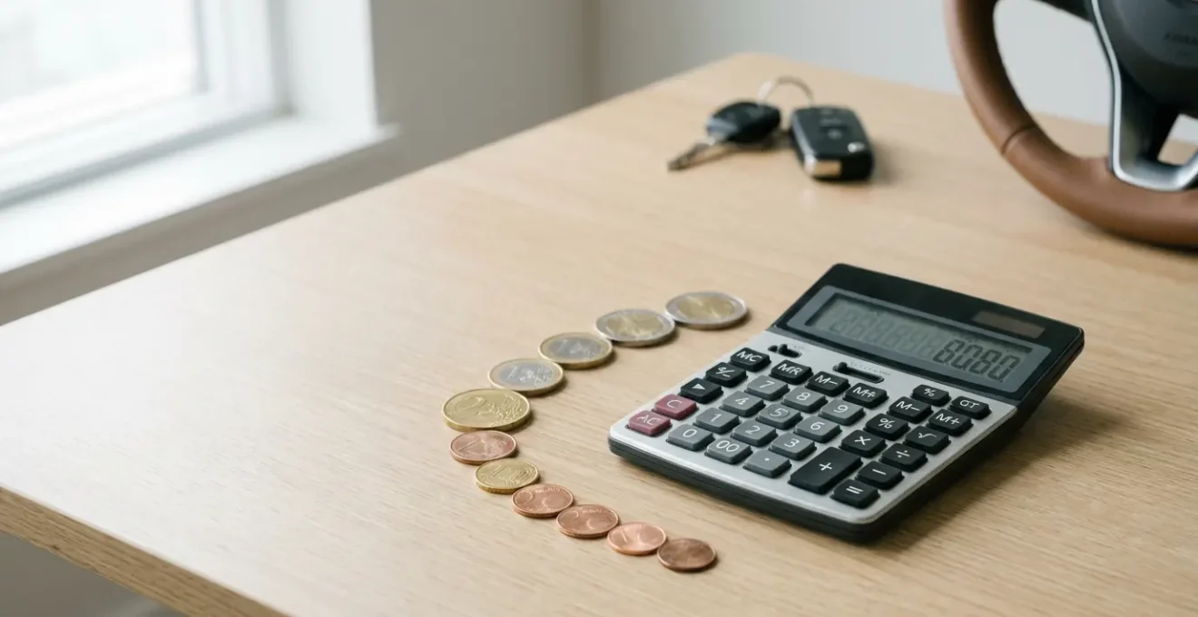 Vue aérienne d'une calculatrice posée sur un bureau avec des pièces de monnaie disposées en dégradé et des clés de voiture floutées en arrière-plan