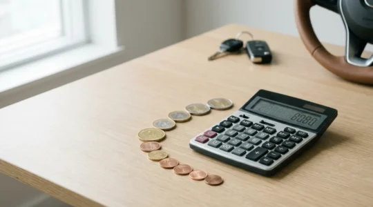 Vue aérienne d'une calculatrice posée sur un bureau avec des pièces de monnaie disposées en dégradé et des clés de voiture floutées en arrière-plan