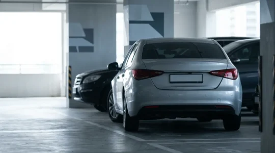Vue arrière d'une voiture moderne avec capteurs de stationnement et caméra de recul intégrés
