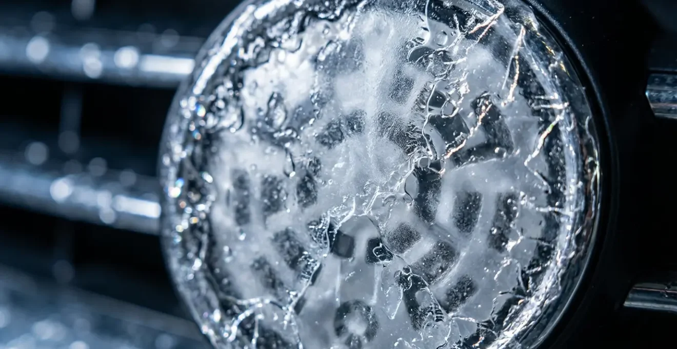 Gros plan macro sur un capteur radar de voiture recouvert de neige et de glace