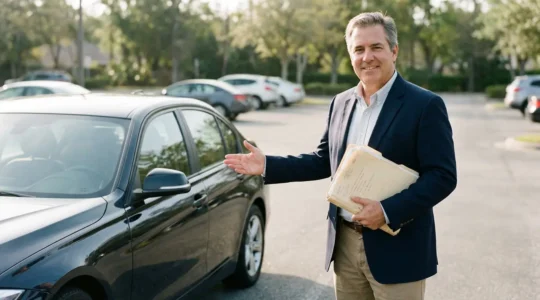 Un vendeur présentant un dossier de factures organisé pour prouver l'entretien de sa voiture