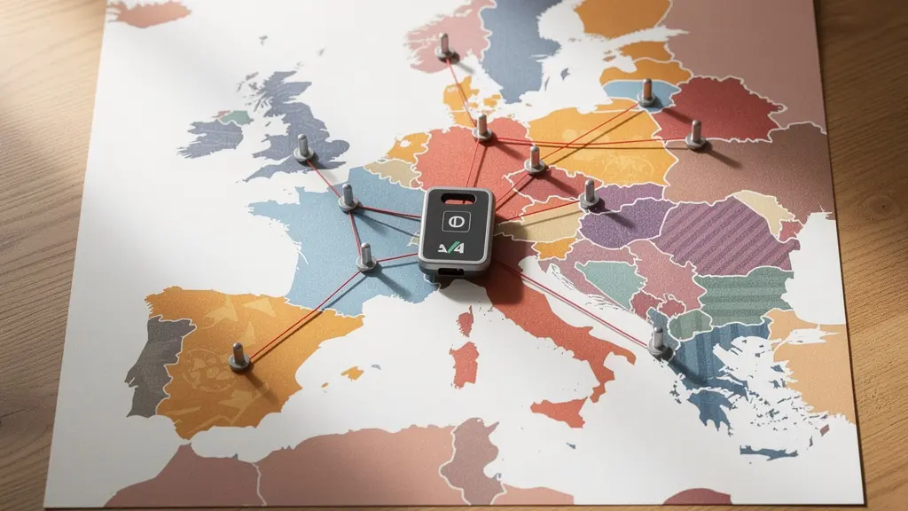 Carte stylisée de l'Europe occidentale montrant les réseaux autoroutiers interconnectés