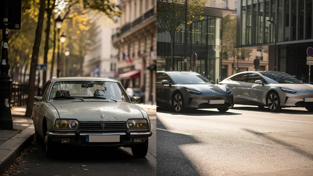 Véhicule de collection français des années 70 dans un contexte urbain moderne