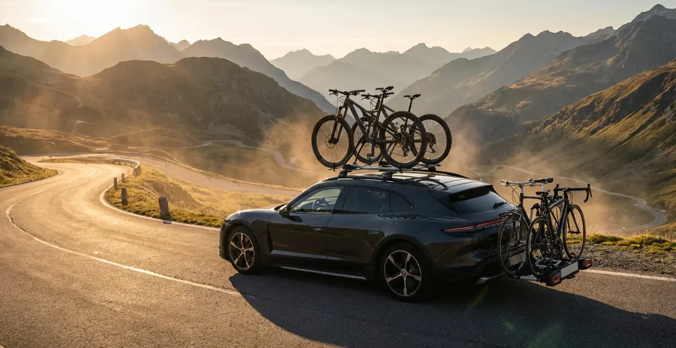 Vue comparative de différents types de porte-vélos installés sur une voiture moderne avec vélos fixés en toute sécurité