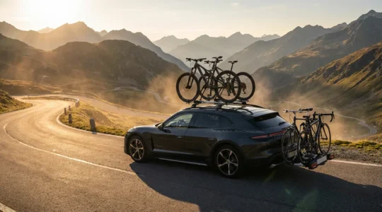 Vue comparative de différents types de porte-vélos installés sur une voiture moderne avec vélos fixés en toute sécurité