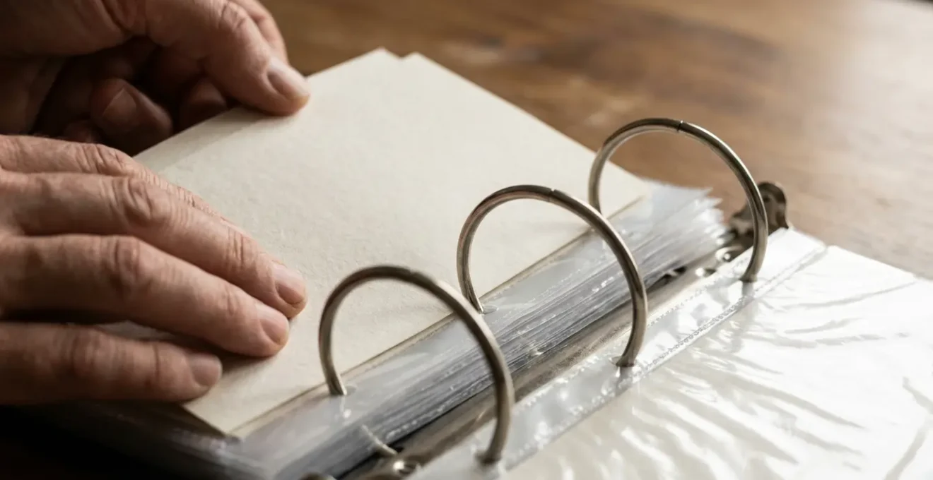 Gros plan sur des mains organisant méticuleusement des documents dans un classeur professionnel