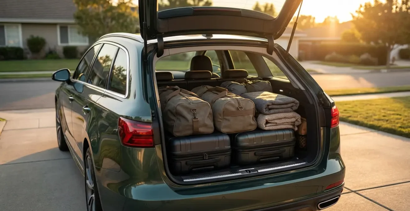 Coffre de voiture optimisé avec valises lourdes au fond et objets légers au-dessus