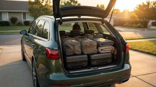 Coffre de voiture optimisé avec valises lourdes au fond et objets légers au-dessus