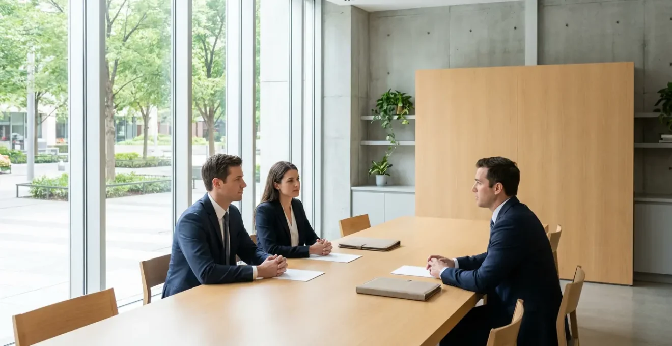 Bureau avec deux conseillers d'assurance en discussion avec un client, documents sur la table