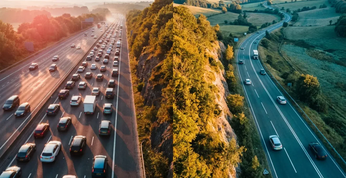Comparaison visuelle entre une autoroute embouteillée et une route nationale fluide vue du ciel