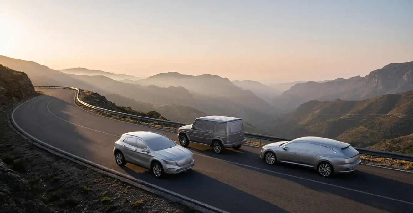 Comparaison visuelle entre un crossover, un SUV et un break sur route sinueuse