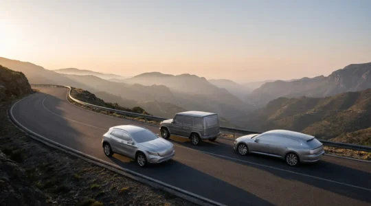 Comparaison visuelle entre un crossover, un SUV et un break sur route sinueuse