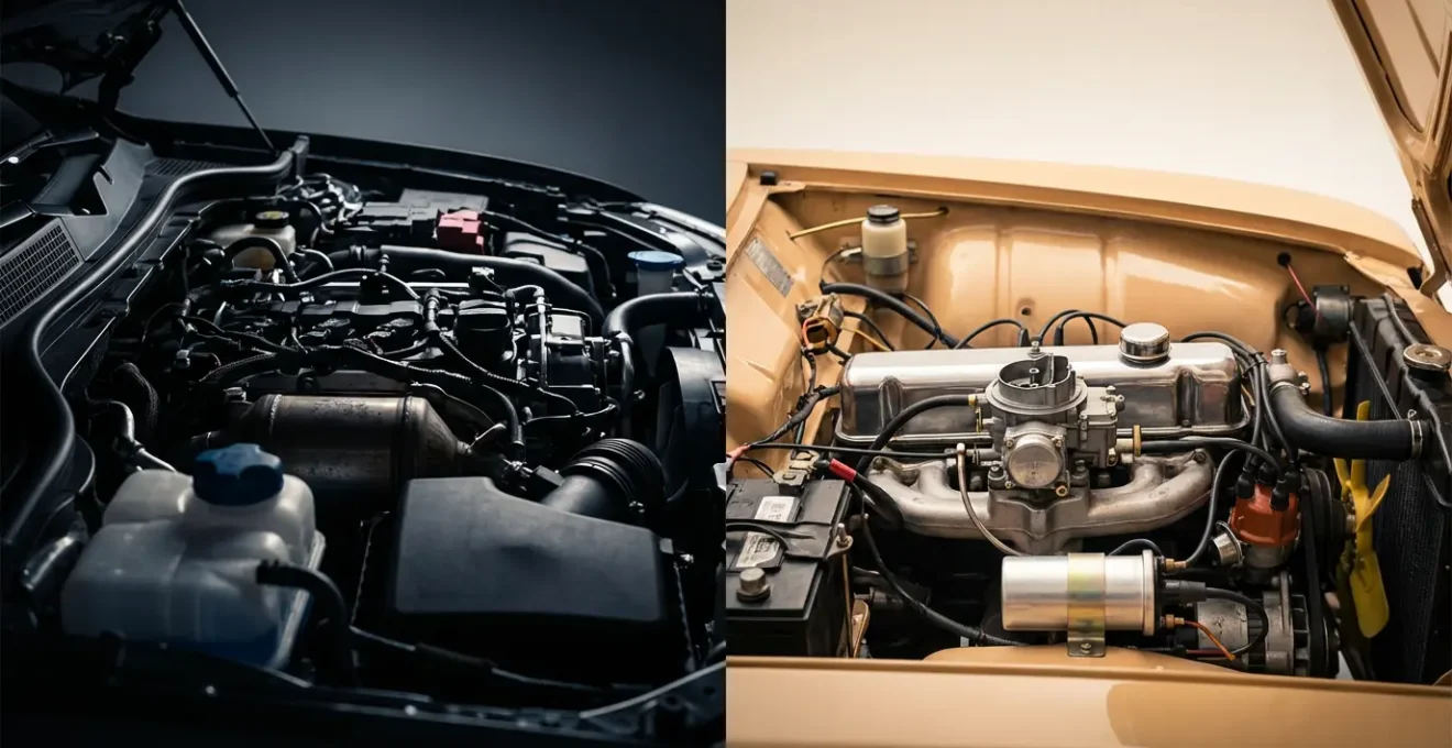 Comparaison visuelle entre moteur diesel moderne complexe et moteur essence ancien simplifié
