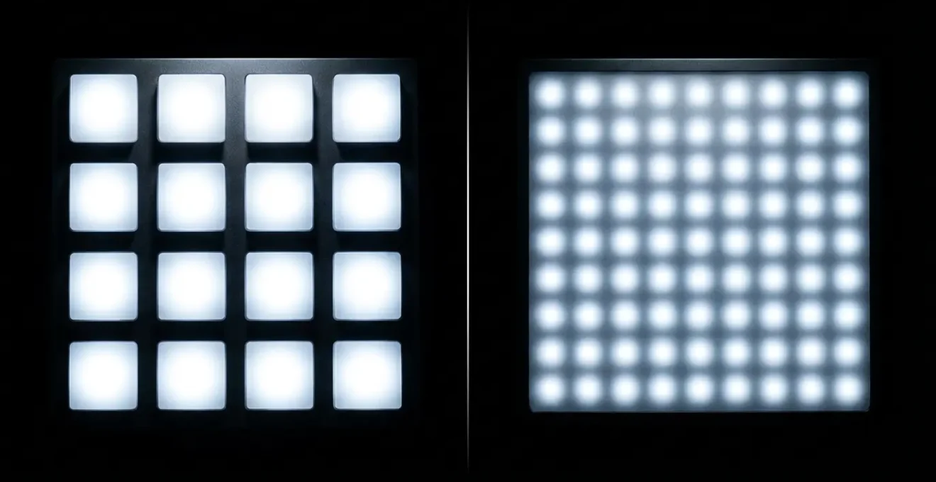 Comparaison visuelle entre système Matrix 16 segments et système 80 segments montrant la différence de précision du découpage lumineux