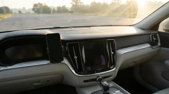 Comparaison visuelle entre interfaces de navigation GPS sur smartphone et tableau de bord automobile moderne