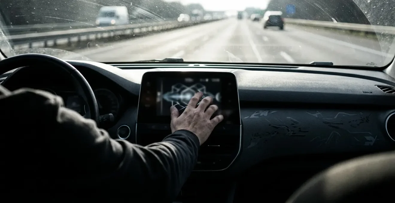 Main d'un conducteur sur un écran tactile de voiture avec la route floue en arrière-plan illustrant le danger de distraction