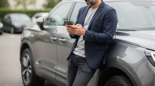 Conducteur consultant un devis assurance auto sur smartphone près de son véhicule