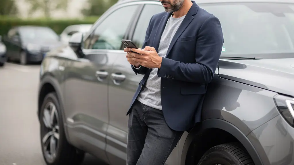 Conducteur consultant un devis assurance auto sur smartphone près de son véhicule