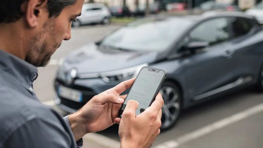 Conducteur consultant son téléphone près de sa voiture garée
