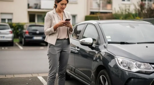 Conductrice française consultant son téléphone près de sa voiture pour comparer les assurances auto