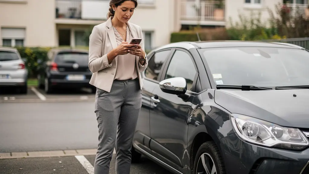 Conductrice française consultant son téléphone près de sa voiture pour comparer les assurances auto
