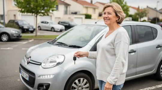 Conductrice satisfaite près de sa voiture compacte dans un parking résidentiel (assurance au tiers)