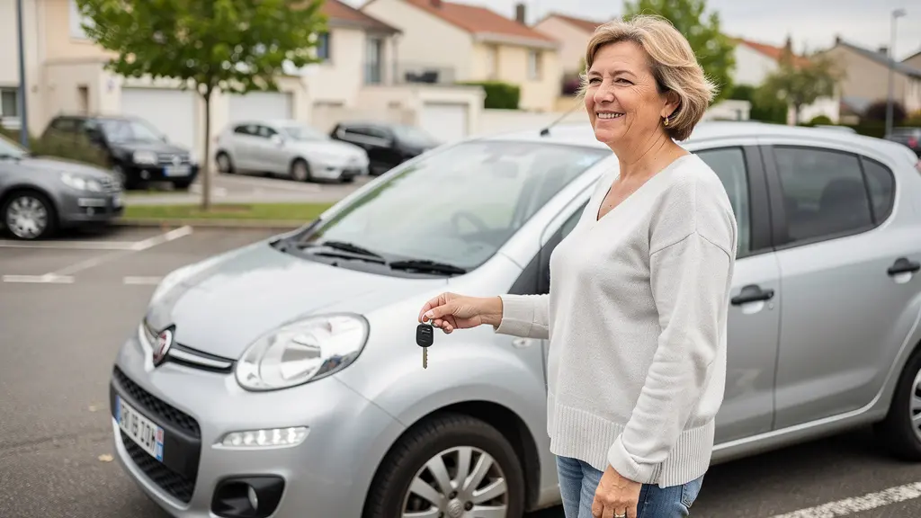 Conductrice satisfaite près de sa voiture compacte dans un parking résidentiel (assurance au tiers)