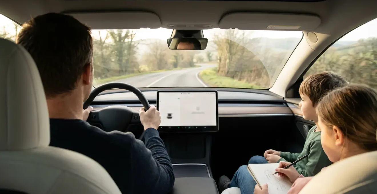 Vue intérieure d'une voiture familiale en voyage avec parents et enfants détendus sur une route de campagne
