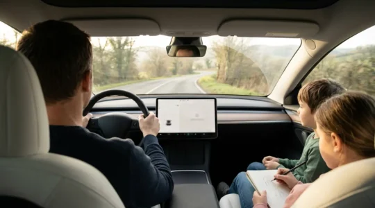 Vue intérieure d'une voiture familiale en voyage avec parents et enfants détendus sur une route de campagne