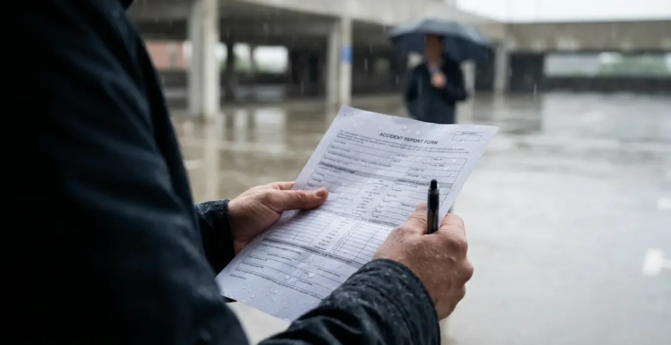 Conducteur remplissant un constat amiable sous la pluie avec capuche et documents protégés