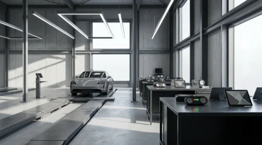 Préparation minutieuse d'un véhicule dans un centre de contrôle technique automobile moderne
