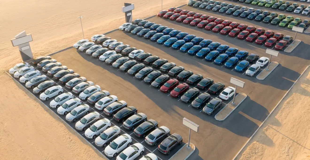 Parking de voitures d'occasion avec différentes couleurs et finitions, effet de comparaison des valeurs