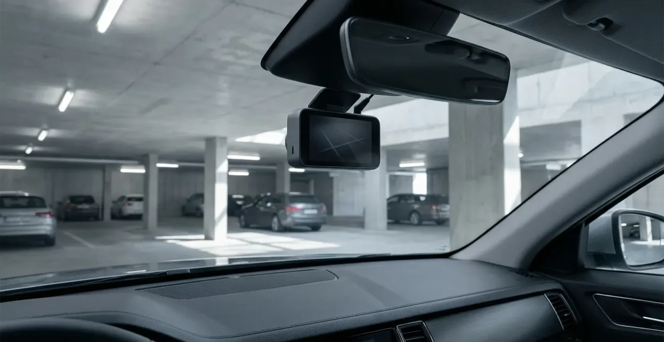 Intérieur de véhicule avec dashcam discrète montée sur pare-brise filmant un parking