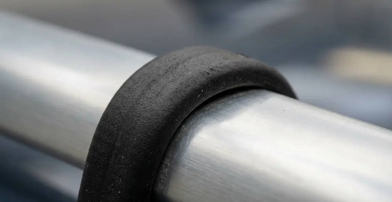 Détail macro d'un déflecteur de vent installé sur une barre de toit