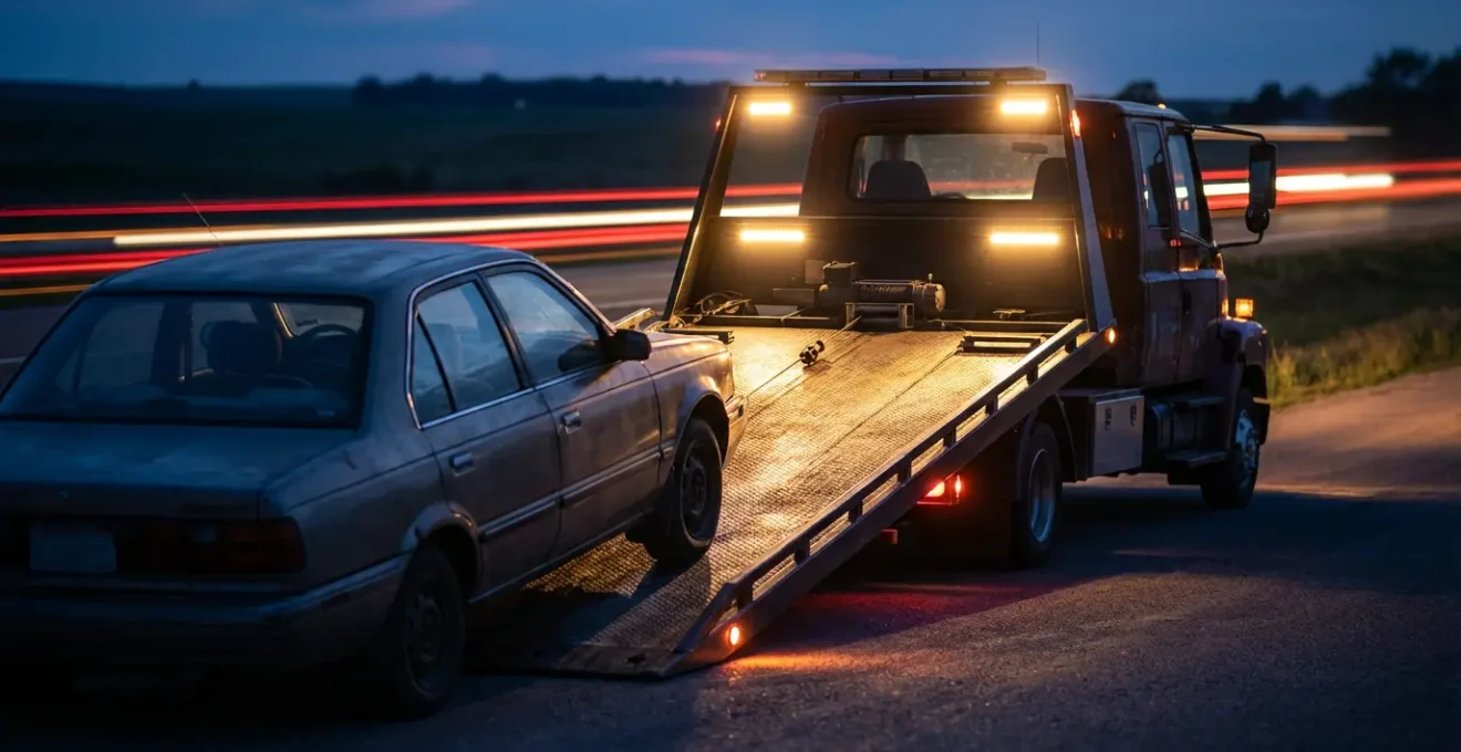 Dépanneuse remorquant une voiture ancienne de nuit sur route départementale
